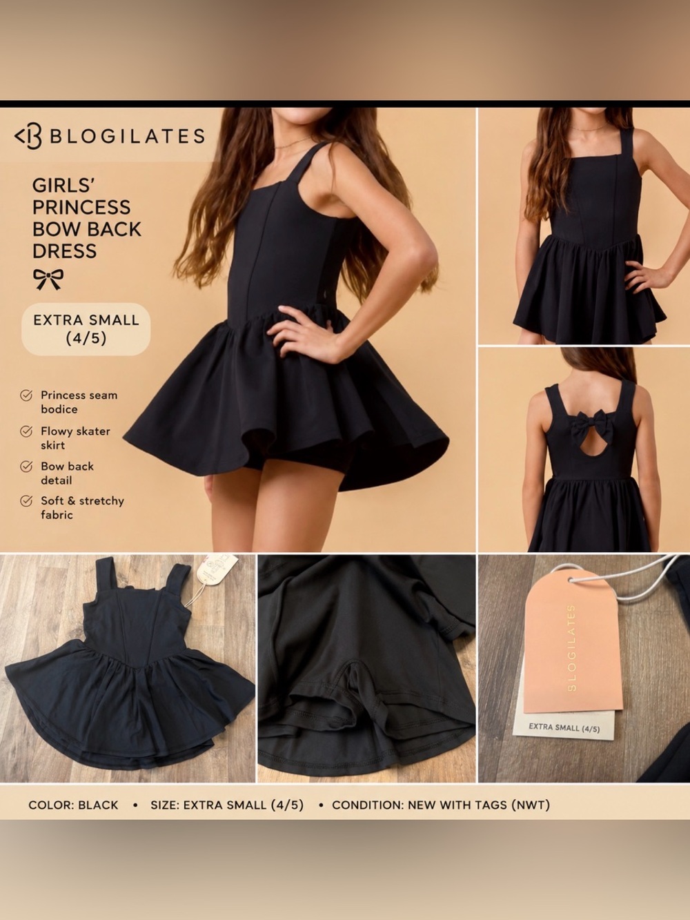 Blogilates Girls’ Princess Bow Back Dress – Black – XS 4/5 – NWT